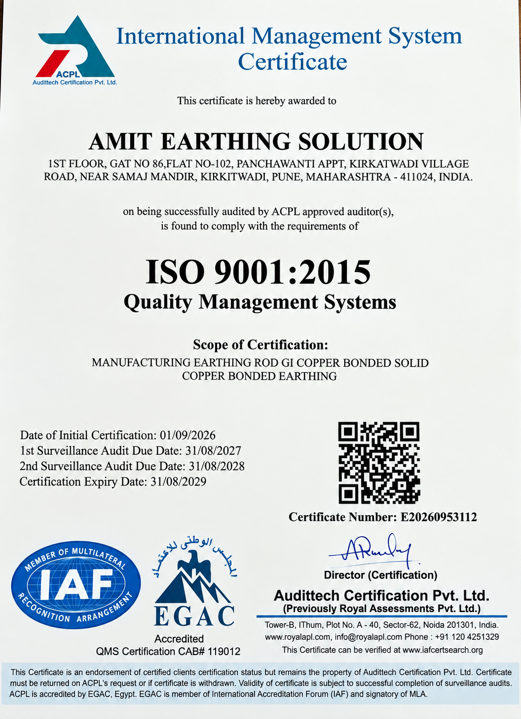 Amit Earthing Solution ISO 9001:2015 Certificate